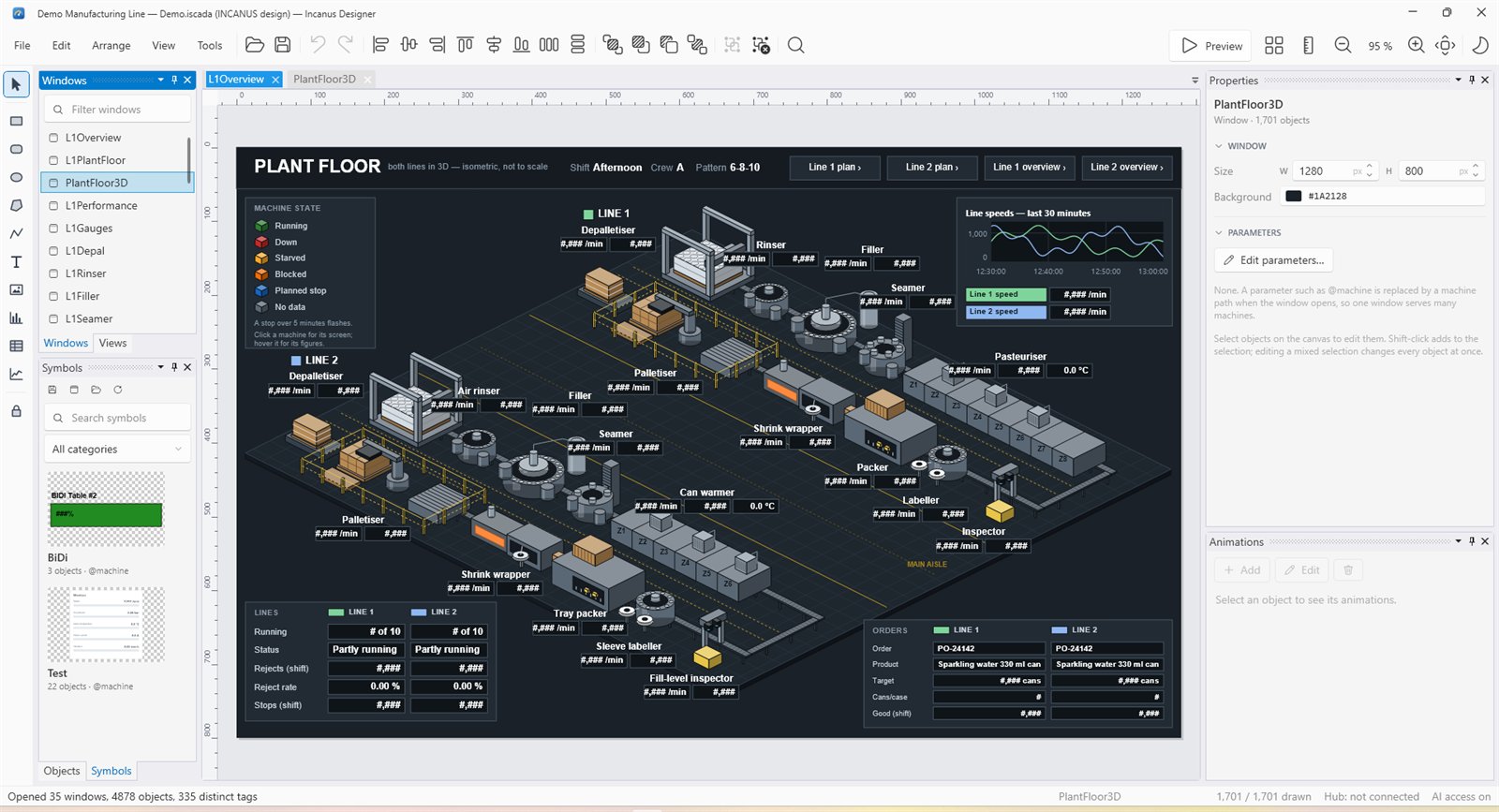 The 3D plant floor open in the Designer